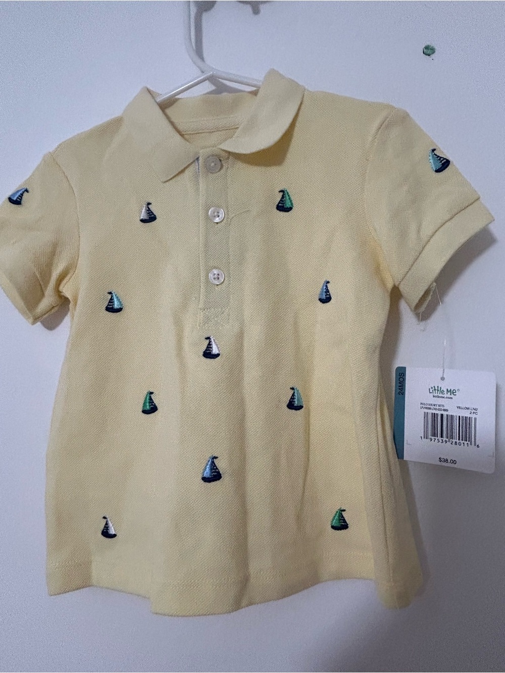 Little Me Pale Yellow Polo with Embroidered Sailboats